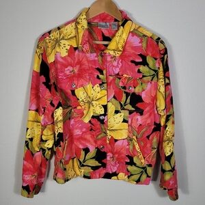 Chicos Linen Blend Floral Button Up Jacket Size Large (2) Artsy Vibrant Colorful